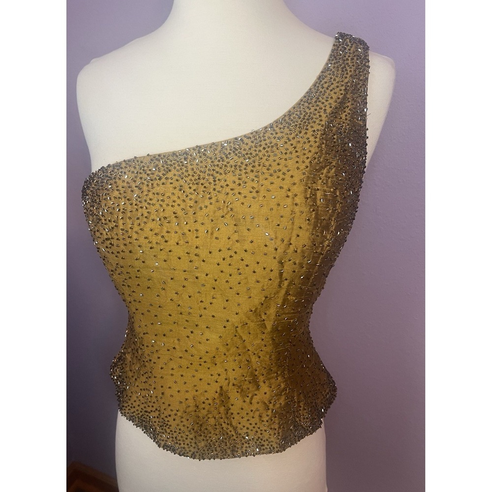 Vintage 80's Mike Benet Formal One Shoulder Gold Beaded Evening Bodice Top 8